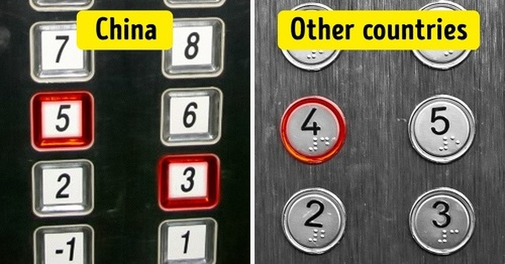 3. Một số thang máy tránh số 4 Người Trung Quốc rất mê tín, một số người sẽ tránh các cuộc hẹn đặt phòng vào thứ 6 ngày 13 và tránh số 4. Trong tiếng Trung số 4 được coi là rất xui xẻo, nó tượng trưng cho cái chết. Với suy nghĩ này, nhiều thang máy ở Trung Quốc loại bỏ hoàn toàn số 4 trên bảng điều khiển. 