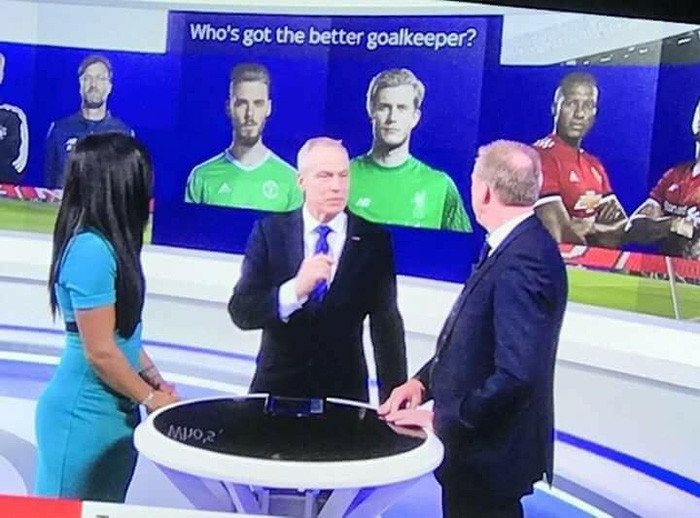 Bức ảnh được cắt ra từ đoạn clip đại chiến giữa MU và Liverpool nơi những chỉ số so sánh De Gea đều vượt trội hơn so với Karius.