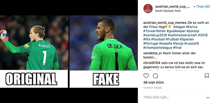 Trên các trang mạng xã hội như Facebook, Instagram, các fan bóng đá còn so sánh giữa bản chính và bản phụ, giữa Karius và De Gea.