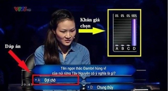 Bạn nữ này thì lại bị khán giả tại trường quay "chơi" cho một vố vô cùng đau đớn: 100% khán giả chọn D, và rồi kết quả đúng lại là A.