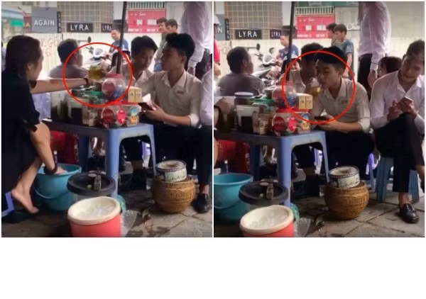 Theo nhiều dân mạng, rất nhiều chi tiết đáng chú ý xuất hiện trong clip và nó rất có thể là dàn dựng. Đặc biệt, cô gái trẻ lấy nước đưa cho một nam khách hàng nhưng sau khi nhận cốc nước, anh chàng nhanh chóng để xuống dưới bàn và lấy một cốc nước khác vơi hơn lên uống.