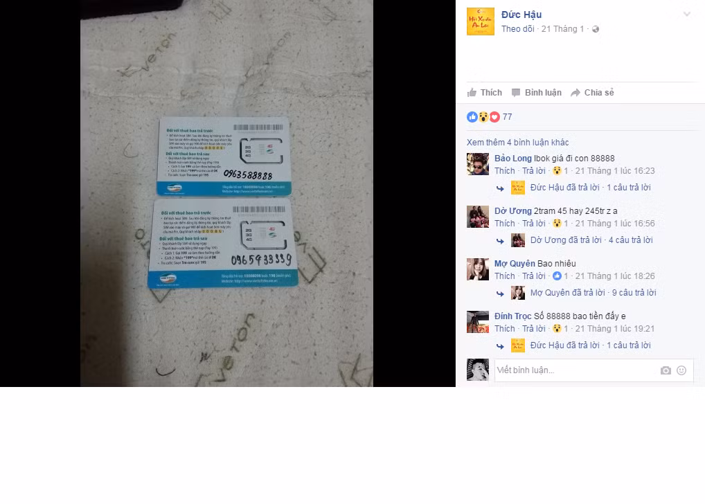 Trên trang cá nhân của mình, Lệ Rơi đã tuyên bố rằng, số sim điện thoại có 5 số cuối là 8 đã thuộc về một thành viên trên mạng. Chuyện anh chàng thảm họa mạng xã hội quê Hải Dương bán được chiếc sim điện thoại với giá gần 300 triệu khiến nhiều cư dân mạng bất ngờ.