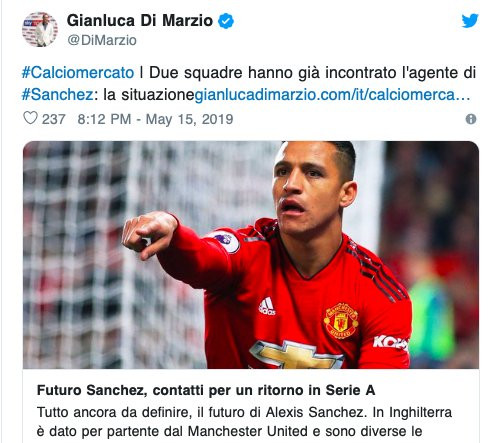 Theo Gianluca Di Marzio - nhà báo săn tin khá có tiếng tại Italia, Alexis Sanchez đã sớm nhận được lời đề nghị từ 2 đại gia Serie A là Juventus và Inter Milan.