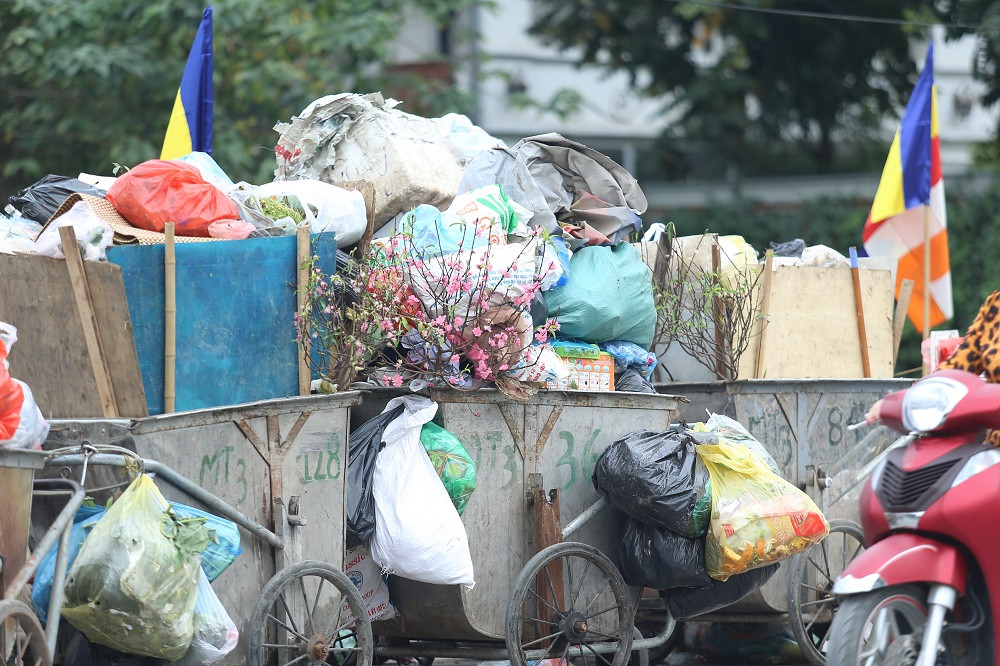 Bên cạnh rác sinh hoạt thì ngày cận Tết có thêm những cành đào đã nở hết hoa.