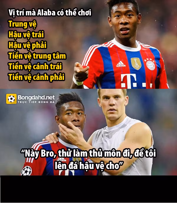 Từ ngày Pep Guardiola cầm quân tại Bayern Munich, ông cho học trò của mình là Alaba thi đấu rất nhiều vị trí nhưng chỉ có thủ môn là anh chưa từng thử. Manuel Neuer đã gạ Alaba đổi vị trí.