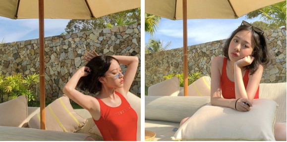 Thuỳ Anh (Yeeyeex) - một cô nàng siêu nổi trên Instagram lại trông nổi bật và đáng yêu khi diện một bộ bikini màu đỏ.