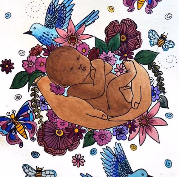 Một trong những bức tranh ấn tượng nhất là hình ảnh cơ thể một người mẹ với vết sẹo mổ còn lưu lại sau khi sinh con. Bên trên vết sẹo là dòng chữ, "Điều kỳ diệu đã xuất hiện ở nơi này."