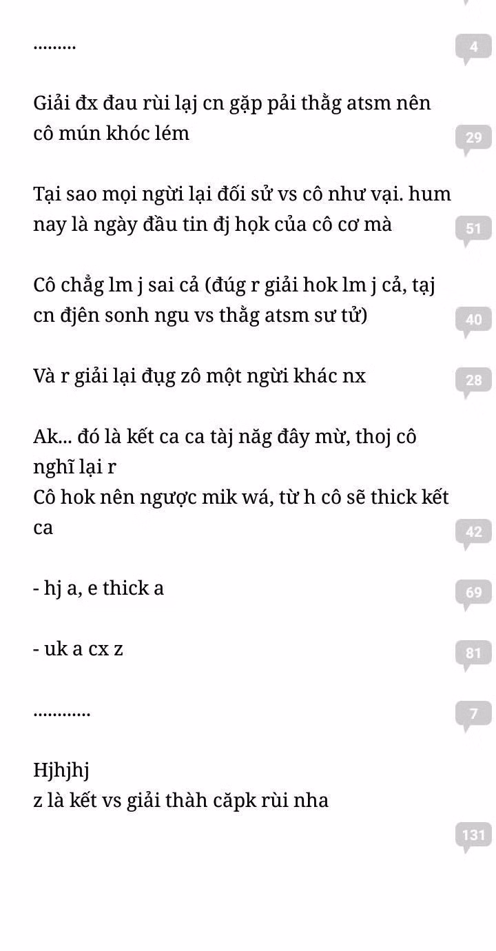Cụ thể nickname Thanh Van Nguyen chia sẻ: "Mình cực ghét kiểu chữ như thế này, chẳng có dấu má gì, toàn viết tắt rồi lại còn dùng số vào đó. Đọc bình thường có khi còn hiểu nhầm nhau trong cách hành văn chứ đừng nói kiểu teencode này. Bên cạnh đó, cũng là hành động không tôn trọng người khác.”
