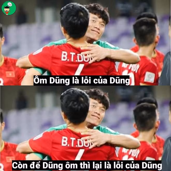 Loạt ảnh chế không thể thiếu những khoảnh khắc hài hước trên sân của các cầu thủ Việt Nam. Khi Dũng thủ môn ôm Dũng trung vệ thì "lỗi" cũng chỉ có thể thuộc về Bùi Tiến Dũng mà thôi.