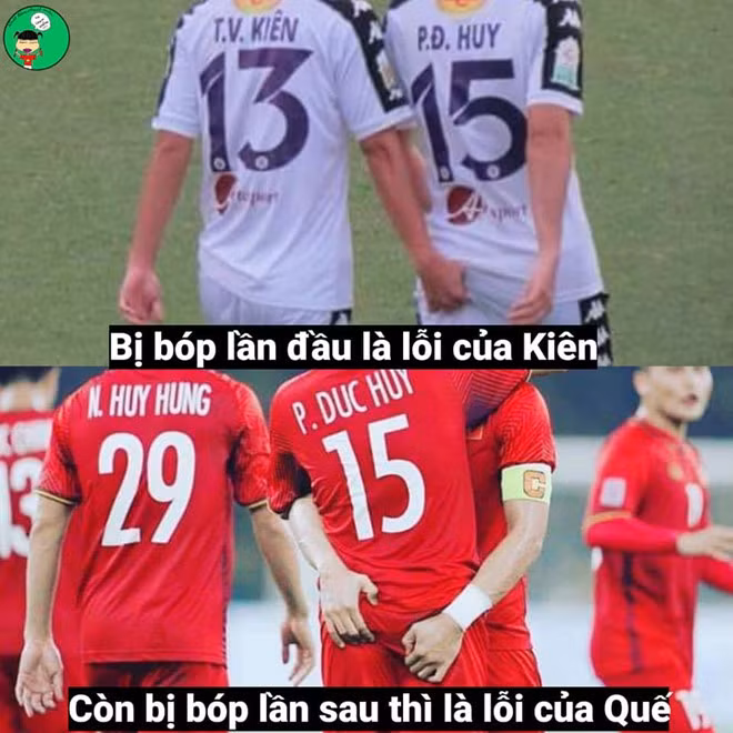 Hình ảnh tiền vệ Phạm Đức Huy bị đồng đội "động chạm vòng 3" khi ăn mừng chiến thắng lại được dân mạng đem ra chế ảnh với câu nói đang trở thành hot trend trên MXH.