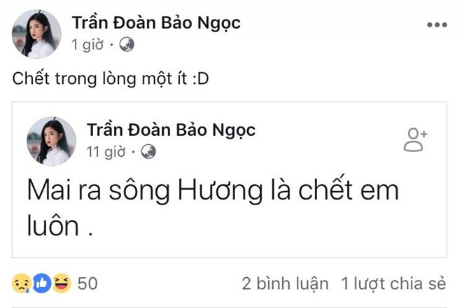 Trước ngày thi, cô từng đăng tải trạng thái hy vọng đề thi không xuất hiện tác phẩm Ai đã đặt tên cho dòng sông?. Bởi vậy, khi thực hiện xong bài thi sáng nay, Bảo Ngọc chia sẻ lại status này cùng bình luận: "Chết trong lòng một ít".
