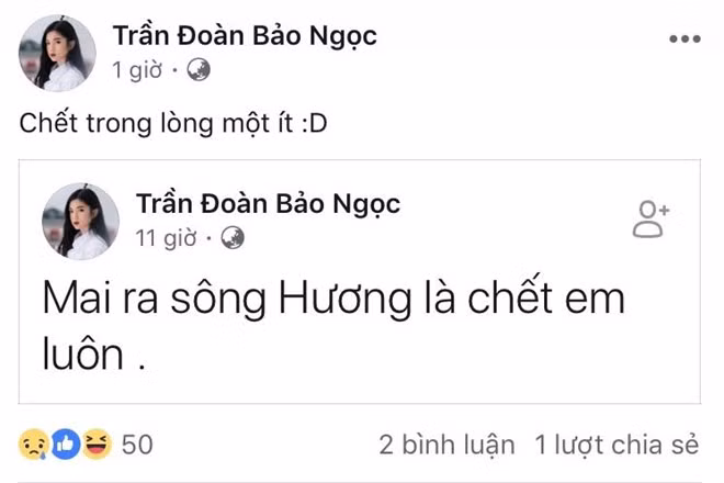 Trước ngày thi, cô từng đăng tải trạng thái hy vọng đề thi không xuất hiện tác phẩm Ai đã đặt tên cho dòng sông?. Bởi vậy, khi thực hiện xong bài thi sáng nay, Bảo Ngọc chia sẻ lại status này cùng bình luận: "Chết trong lòng một ít".