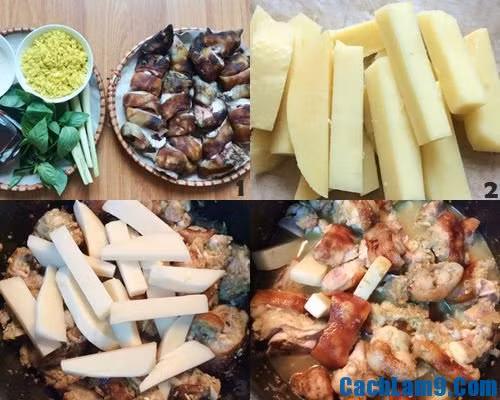 2. Thịt chân giò nấu giả cầy. Nguyên liệu: Chân giò thui, riềng, sả, mẻ, mắm tôm, nước mắm ngon, bột nghệ, măng củ. Măng củ cắt bằng đốt ngót tay, luộc kỹ với nước có pha chút muối 3 lần trước khi đem chế biến. Thịt chân giò sau thui xong rửa sạch, lau khô, riềng giã nhỏ, 3 củ sả lấy phần non bên trong, bằm nhuyễn. Ướp thịt cùng sả bằm nhuyễn, mắm tôm, nước mắm trong 1 tiếng. Ảnh: CachLam9.com.