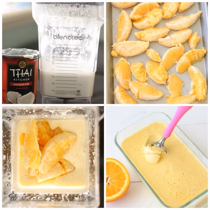 Kem cam. Nguyên liệu gồm đường, 1 quả cam, một chút muối, 2 thìa cà phê nước cốt chanh, 2 thìa cà phê vani, 1 cốc sữa. Đầu tiên cam vắt lấy nước. Cho tất cả các thành phần (trừ sữa) vào máy xay nhuyễn cho đến khi hỗn hợp đường tan. Đổ hỗn hợp vào bát lớn và trộn cùng sữa. Ảnh: Bepgiadinh.