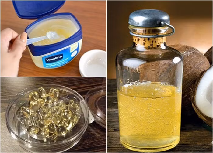 Vaseline, dầu dừa, viên vitamin E. Chuẩn bị một chiếc chén hoặc đĩa nhỏ rồi các chị em trộn đều Vaseline, dầu dừa hoặc dầu gạo, viên nang vitamin E vào chung với nhau sao cho thành hỗn hợp sền sệt. Ảnh: Blogtamsu.