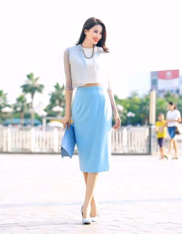 Tuy là món đồ công sở nhưng chân váy bút chì lại không hề cứng nhắc. Để diện váy bút chì mà không bị già, các nàng hãy học cách phối chân váy bút chì như các sao Việt, trẻ trung, mát mẻ, tươi mới và cá tính. Ảnh: Kenhsao.
