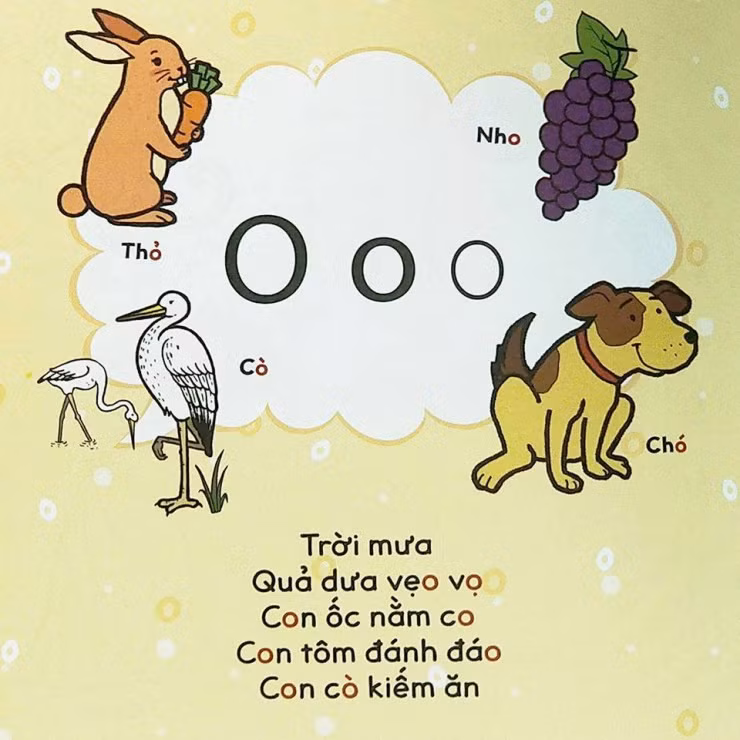 Bài vè giúp bé học chữ O. Trời mưa, quả dưa vẹo vọ. Con ốc nằm co, con tôm đánh đáo. Con cò kiếm ăn. Ảnh: KidandLove.com.