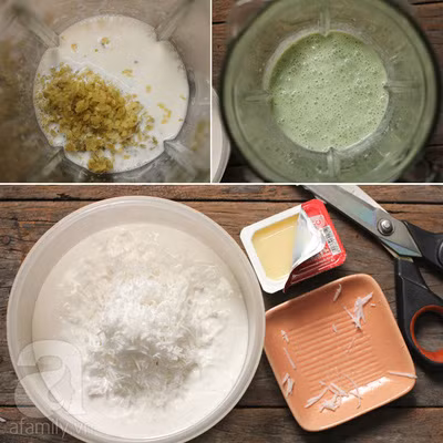 2. Kem cốm dừa. Nguyên liệu: Cốm tươi, sữa tươi có đường, sữa đặc, nước cốt dừa, đường, dừa tươi bào sợi, wipping cream. Ngâm cốm vào sữa cho mềm, sau đó xay nhuyễn hỗn hợp cốm sữa. Dừa sợi cắt ngắn trộn cùng với cốt dừa và đường hoặc sữa đặc có đường. Ảnh: Moison.vn.