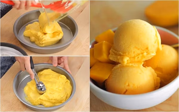 Đánh bông kem tươi bằng máy đánh trứng. Cho sữa đặc vào kem. Nhẹ nhàng dùng phới trộn từ đáy âu lên. Cho hỗn hợp mít đã xay nhuyễn vào, trộn đều. Cuối cùng cho mít đã cắt hạt lựu vào, trộn đều. Cho hỗn hợp kem mít vào khuôn, đậy nắp. Cho vào ngăn đông 4 giờ. Ảnh: aMeovat.com.