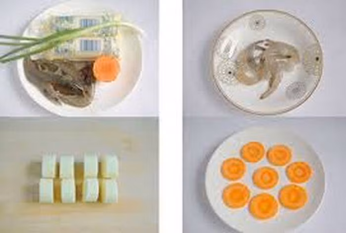 Thực đơn 3. Đậu phụ sốt tôm. Nguyên liệu gồm đậu phụ tươi, tôm sú, hành hoa, bột bắp, gia vị. Tôm luộc sơ, bóc vỏ, bỏ chỉ lưng và băm nhỏ. Hành hoa thái nhỏ thái nhỏ. Bột bắp pha thêm chút nước. Ảnh: Webnauan.