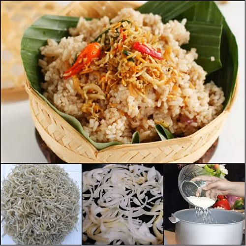 Cho gạo vào nồi cơm điện cùng Coca Cola, hành tây, muối, nguyệt quế rồi bật chế độ nấu. Xào hành tây và cá cơm vào. Cho tiếp ớt và hành lá vào, đảo đều cho ớt chín và cá vàng giòn thì tắt bếp, cho ra đĩa. Khi nước Coca Cola đã thấm hoàn toàn và gạo chín được một nửa, thì lấy lá chuối phủ lên, trên cùng là phần cá cơm vừa mới chiên. Ảnh: Cooky.vn.