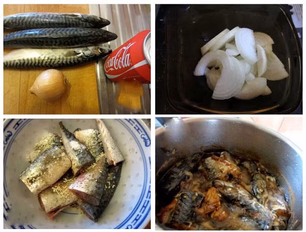 3. Cá kho Coca Cola. Nguyên liệu: Cá nục, thịt ba chỉ, muối, dầu ăn, ớt, Coca Cola, đường trắng, nước mắm, hành tím. Cá làm sạch, cắt thành từng khúc ngắn, ướp muối. Thịt ba chỉ rửa sạch, cắt miếng mỏng. Đun nóng 1 muỗng canh dầu ăn ở chảo, cho cá vào rán sơ. Ảnh: amthuchanoi.org.