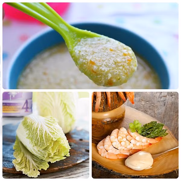 Cháo tôm, cải thảo và nước dừa. Tôm chứa nhiều canxi và nước dừa nhiều khoáng chất. Món cháo này không chỉ đầy hương vị mà còn rất hữu ích trong việc chữa nóng trong, rôm sảy cho bé. Ảnh: Chamconkhoe.