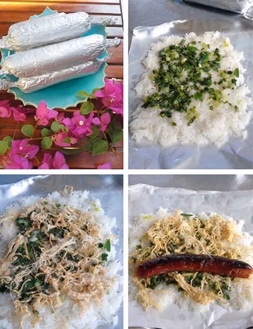 4. Xôi nướng cuộn nạp xưởng. Nguyên liệu: Xôi trắng, lạp xưởng, hành lá, chà bông, lá dứa. Lạp xưởng luộc qua rồi chiên lên. Cắt tấm giấy bạc lớn hơn cây lạp xưởng, cho xôi ra, tán mỏng đều trên lớp dầu hành (chỉ lấy phần hành). Ảnh: doisongphapluat.com.