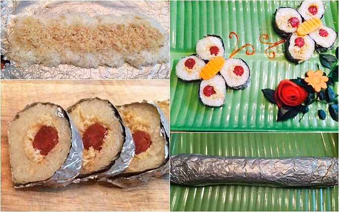 Kế đến là lớp mỏng chà bông, cuối cùng cho lạp xưởng vào giữa, cuộn chặt tay giấy bạc bọc bên ngoài. Để nguội rồi đem nướng trên bếp hoặc lò nướng (nhiệt độ 200 độ C, 10 phút). Xôi nướng ăn kèm đồ chua hay kim chi đều ngon. Ảnh: Emdep.vn.