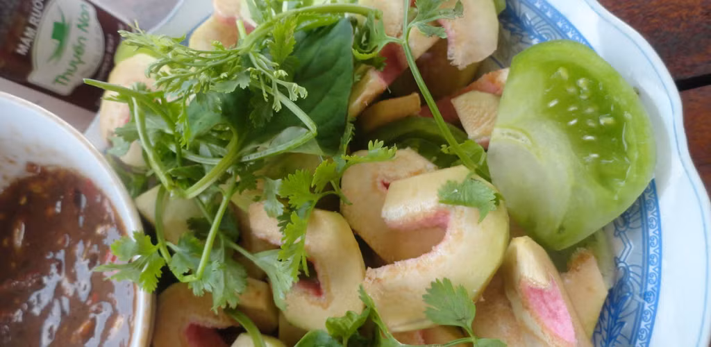 Ngoài ra, vả còn là món ăn kèm trong rau sống, để ăn với bánh khoái, nem lụi, vả với tôm chua thịt phay... Đơn giản nhất, trái vả gọt vỏ cắt miếng vừa phải chấm mắm ruốc ăn kèm thịt heo luộc. Ảnh: travahue.com.