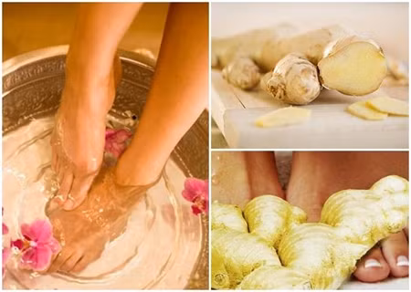 Cách 2. Ngâm chân với nước gừng: Cho gừng đã được đập dập (không cần giã nhỏ) và hoa hồng vào miếng vải thưa. Sau đó thả vào nước và cho thêm một thìa cafe muối ăn vào để làm nước ngâm chân. Ngâm chân theo cách này rất hiệu quả trong việc loại bỏ khí lạnh ảnh hưởng tới bụng. Ảnh: Dinh dưỡng.