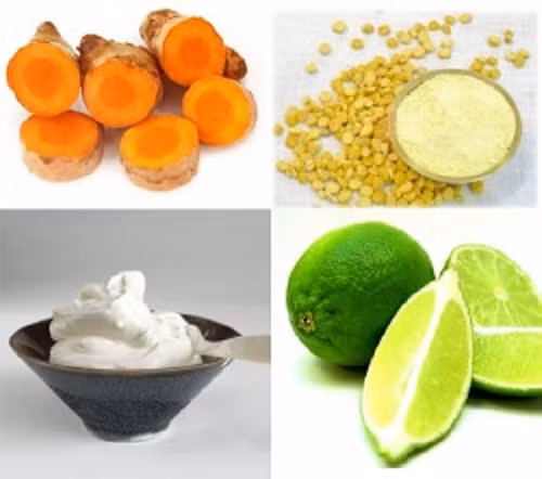 2. Kem dưỡng da bằng bột đậu xanh và nước chanh. Nguyên liệu: Bột nghệ, bột đậu xanh, kem tươi, nước cốt chanh. Trộn đều bột nghệ và bột đậu xanh vào bát. Cho thêm nước cốt chanh, kem tươi tạo để tạo nên hỗn hợp đặc quánh. Ảnh: maihan.vn.