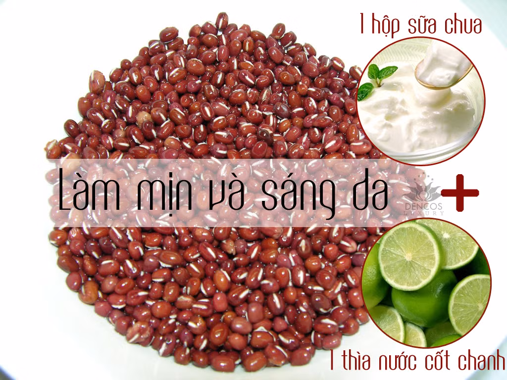 1. Kem dưỡng trắng da từ bột đậu đỏ. Nguyên liệu: Bột đậu đỏ, sữa chua, nước chanh. Trộn đều các nguyên liệu thành hỗn hợp thật mịn. Massage nhẹ nhàng, đều lên mặt và cổ trong vòng 10-20 phút rồi rửa sạch với nước ấm. Thực hiện 2 lần/tuần da sẽ trắng sáng trông thấy. Ảnh: cachdieutrimuntrungca.com.