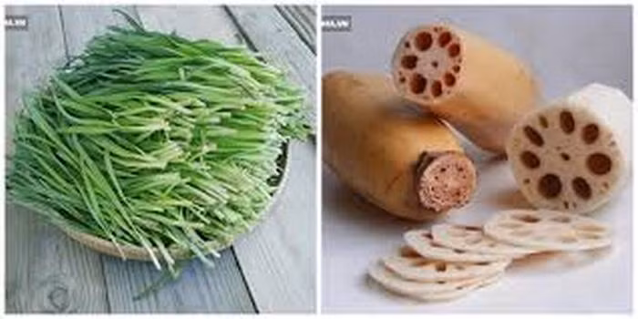 6. Ngó sen, lá hẹ. Dùng 1 cốc nước ngó sen hòa cùng 1 cốc nước hẹ và hâm nóng để uống hết một lần. Công dụng của hỗn hợp nước này là thanh nhiệt, giải độc, điều hòa máu và cầm máu tốt. Ảnh: Ameovat.