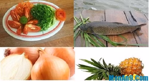 5. Cá trôi nấu dứa. Nguyên liệu: Cá trôi, dứa, rau ngổ, giá đỗ, hành tươi, cà chua, rau răm, thìa là, ớt. Cá cắt khúc, rán vừa đủ. Phi hành cùng với 1 quả cà chua cho thơm rồi đổ nước vào. Ảnh: monan9.com.