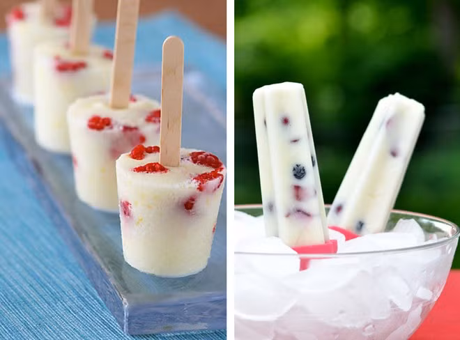 Vậy món kem này còn gì tuyệt hơn khi chúng kết hợp với nhau phải không nào. Chế tạo xong những que kem sữa chua vừa thơm ngon, chua ngọt, lại vừa mát lạnh và đẹp mắt, ăn trong mùa đông thật tuyệt. Ảnh: Pda.VietBao.vn.