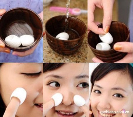 Ngâm kén vào cốc nước nóng khoảng 50 - 70°C, khoảng 5 phút làm cho kén mềm ra. Vớt kén tằm ra, vẩy bớt nước trên kén rồi bắt đầu massage lên da mặt trong vòng 10 - 15 phút để dưỡng chất thấm hết vào da. Mụn đầu đen, mụn cám sẽ tự động bị đánh bật. Ảnh: caobidao.com.vn.