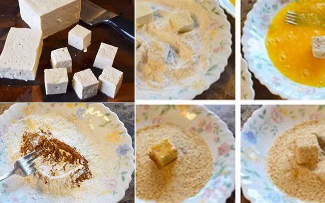 1. Đậu phụ chiên ngũ vị hương. Nguyên liệu: Đậu phụ, bột ngũ vị hương, bột bắp, bột chiên xù, quả trứng gà, gia vị nêm. Đậu hũ non cắt thành miếng nhỏ, hình vuông. Trứng gà đập ra chén, thêm muối vào, khuấy đều. Ảnh: Cooky.vn.