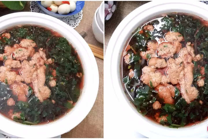 Khi thịt cua đóng thành tảng thì hớt phần thịt cua ra 1 chiếc đĩa (hoặc gạt sang 1 bên nồi), rồi thả rau vào. Tiếp đó là cho phần gạch cua đũa xào thơm vào nồi canh, đun đến khi rau chín. Nêm nếm thêm chút gia vị, hạt nêm cho vừa miệng rồi tắt bếp.