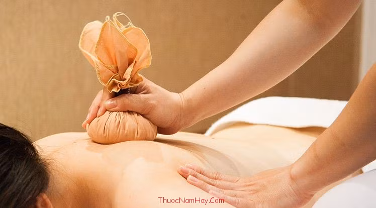 Bên ngoài dùng 150g cúc tần, 150 ngải cứu, 50g lá bưởi, tất cả rửa sạch, thái nhỏ, trộn với giấm sao nóng, chườm vào chỗ đau. Ảnh: xuongkhopvn.com.