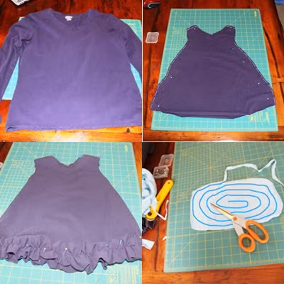 Váy bèo nhún. Rất đơn giản mẹ hãy lấy một chiếc váy của con làm mẫu đặt lên áo mẹ và cắt theo. Sau đó tận dụng phần thừa của áo cắt thành dải bèo nhún và làm thêm một chiếc nơ xanh làm điểm nhấn là đã đã có một chiếc váy cực sành điệu rồi. Ảnh: Kaviokid.