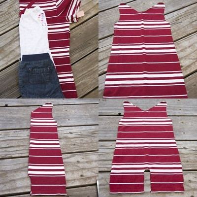 Đồ body. Đồ body dành cho con nhìn thì phức tạp nhưng thực chất lại dễ may hơn các loại váy. Bà mẹ này đã khéo léo tạo bộ đồ body này với chỉ vài lát cắt đơn giản. Bộ đồ này chỉ yêu cầu là tận dụng những chiếc áo cũ có độ co giãn để bé có thể hoạt động được dễ dàng. Ảnh: Prettyproduce.