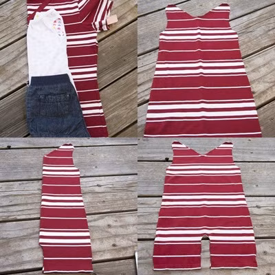 Đồ body. Đồ body dành cho con nhìn thì phức tạp nhưng thực chất lại dễ may hơn các loại váy. Bà mẹ này đã khéo léo tạo bộ đồ body này với chỉ vài lát cắt đơn giản. Bộ đồ này chỉ yêu cầu là tận dụng những chiếc áo cũ có độ co giãn để bé có thể hoạt động được dễ dàng. Ảnh: Prettyproduce.