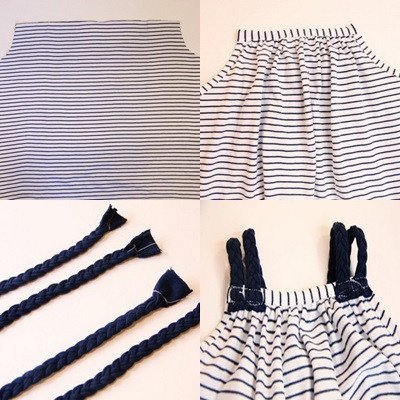 Váy 2 dây. Chiếc váy này đòi hỏi sự khéo tay và tỉ mẩn hơn một chút nhưng mẹ hoàn toàn có thể làm được. Chi tiết khó nhất là dây áo. Phần này mẹ có thể tận dụng những chiếc quần thun không mặc đến và tết khéo léo thành dây áo. Ảnh: Madebymom.