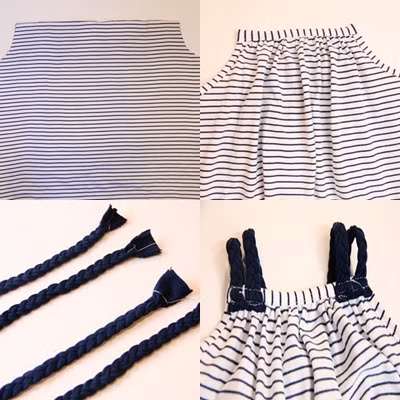 Váy 2 dây. Chiếc váy này đòi hỏi sự khéo tay và tỉ mẩn hơn một chút nhưng mẹ hoàn toàn có thể làm được. Chi tiết khó nhất là dây áo. Phần này mẹ có thể tận dụng những chiếc quần thun không mặc đến và tết khéo léo thành dây áo. Ảnh: Madebymom.