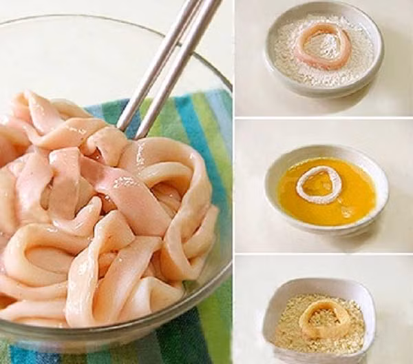 2. Mâm cơm 2. Món 1. Mực chiên xù. Nguyên liệu: Mực, bột chiên xù, bột chiên giòn, bột mỳ, tương ớt, nước tương, hành lá, ngò rí, trứng, gia vị: dầu ăn, tiêu xay, muối, rượu trắng, gừng tươi, sốt mayonnaise. Ảnh: GiaDinh.TV.