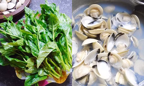 Món 3. Canh ngao nấu mồng tơi. Nguyên liệu: Rau mùng tơi, ngao. Rau mồng tơi nhặt ngọn non, rửa sạch, để ráo. Ngao ngâm cho nhả hết chất bẩn, luộc chín. Đãi lấy phần thịt ngao, nặn bỏ chất bẩn trong ngao, phần nước chắt sang nồi khác để loại bỏ cát còn đọng lại nơi đáy nồi. Ảnh: 9monngon.com.vn.