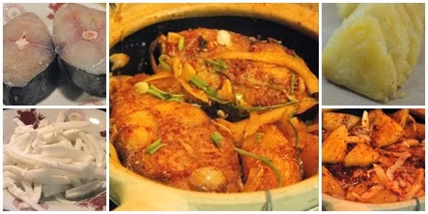 Cho cá vào nồi nhỏ rồi cho tiếp dứa, cùi dừa, hành khô thái lát, hai thìa canh nước mắm, ớt quả, ớt bột, một thìa canh đường vào nồi cá, đặt lên bếp đun sôi lửa lớn. Khi nồi cá sôi đổ vào một ít nước dừa tươi. Thỉnh thoảng lắc đều để hỗn hợp gia vị thấm vào cá. Tiếp tục đun lửa nhỏ, đun khoảng 30 - 40 phút, nêm nếm lại tùy theo khẩu vị của bạn, tắt bếp, rắc một ít hạt tiêu và hành lá lên bề mặt. Múc món ngon dễ làm ra đĩa dùng nóng với cơm. Ảnh: cakholangvudai.com.