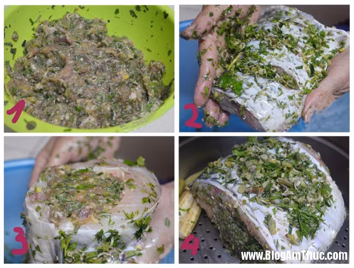 Dùng sả, gừng, thì là, rau mùi băm nhỏ xát lên mình cá, những loại rau này sẽ giúp cá bớt tanh. Dùng phần thịt xay đã chuẩn bị nhồi vào bụng cá, để khoảng 15-20 cho cá ngấm gia vị. Ảnh: blogamthuc.com.