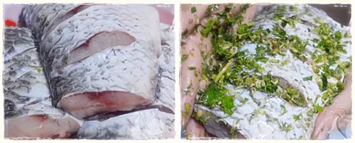 1. Cá trắm đen nhồi thịt. Đây là một món nhồi thủy hải sản rất đơn giản nhưng hương vị vô cùng thơm ngon. Để làm được món này nguyên liệu cần có: Cá trắm đen, thịt nạc, thì là, hành lá, sả, gừng, rau mùi, lá ngải, chuối xanh, khế, dứa. Cá rửa sạch, khứa mình, ướp gia vị. Phần nhân thịt để nhồi, ta trộn thịt xay cùng gừng, sả, thì là, hành lá băm nhỏ. Nêm gia vị cùng hạt nêm, muối, tiêu cho vừa ăn. Ảnh: Cungbanvaobep.com.